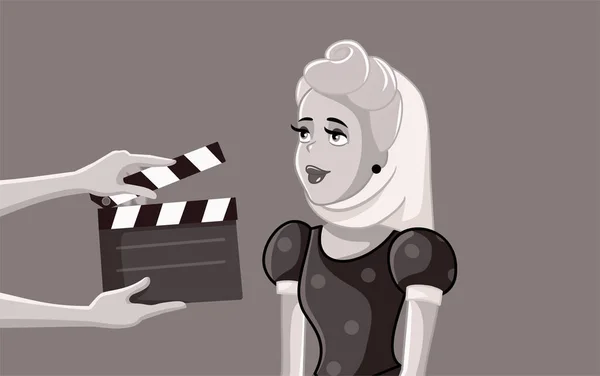 Zwart Wit Film Met Glamoureuze Actrice Vectorillustratie — Stockvector