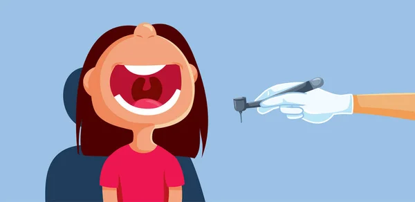 Little Girl Opening Big Mouth Dentist Vector Funny Cartoon Illustration - Stok Vektor