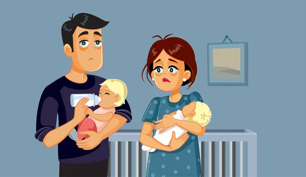 Uitgeputte Nieuwe Ouders Verzorgen Van Pasgeboren Tweeling Baby Vector Cartoon — Stockvector