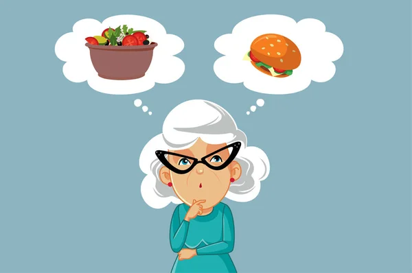 ベクトル漫画のイラストを食べることを考えているシニア老婦人 — ストックベクタ
