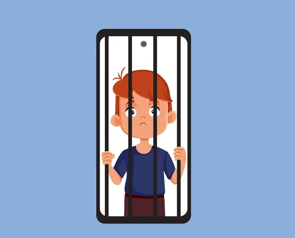 Sad Boy Addicted Technology Vector Cartoon Illustration - Stok Vektor