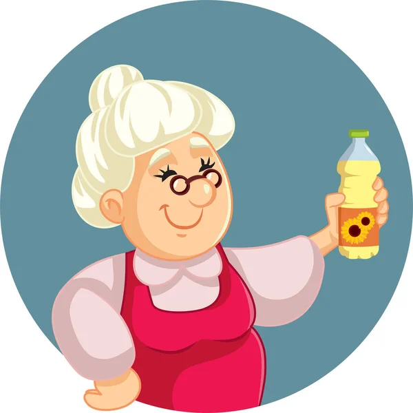Senior Cook Holding Bottle Sunflower Oil Vector Cartoon Illustration — Vetor de Stock