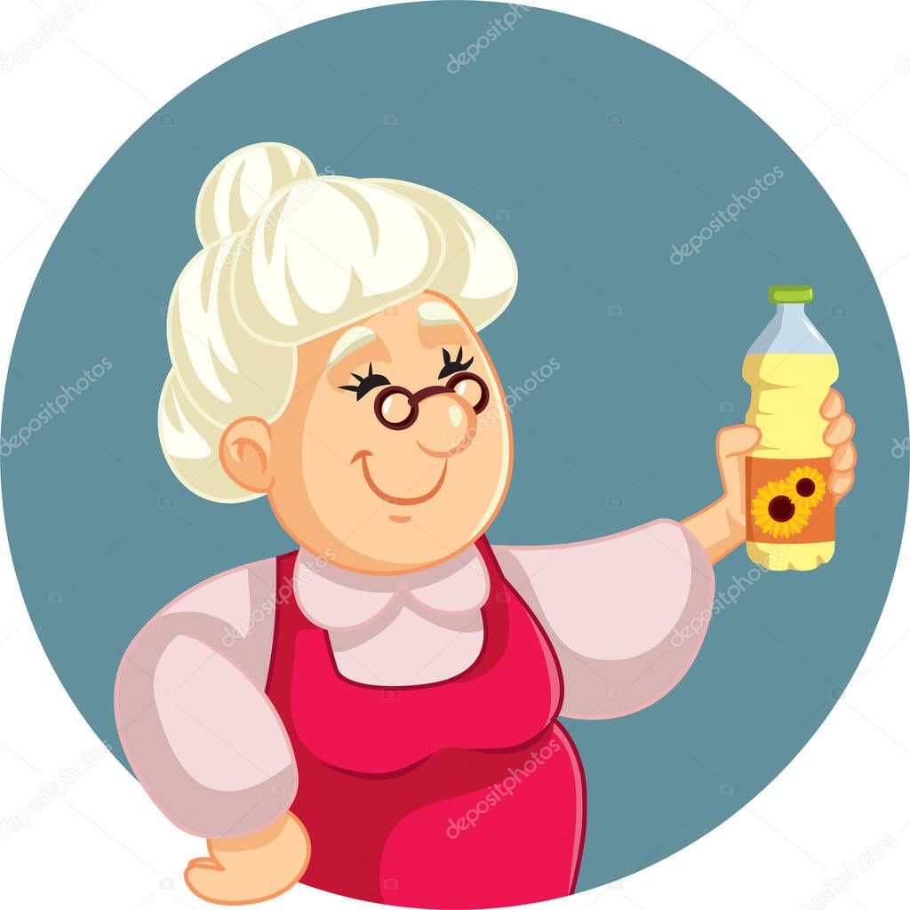 Senior Cook Holding a Bottle of Sunflower Oil Vector Cartoon Illustration