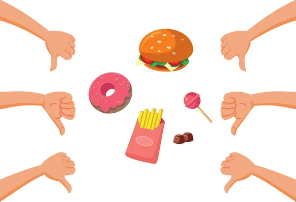 Thumbs Unhealthy Junk Food Snacks Vector Concept Illustration — 스톡 벡터