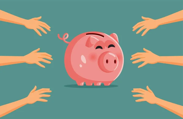 People Reaching Savings Same Piggy Bank Vector Cartoon — Stok Vektör