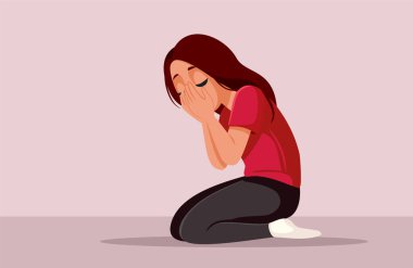 Üzgün Depresyonlu Mutsuz Genç Kız Yalnız Ağlayan Vektör İllüstrasyonu
