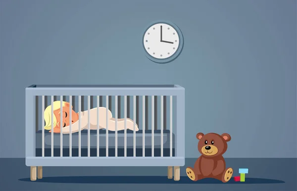 Baby Sleeping His Bed Nursery Room Vector Cartoon Illustration —  Vetores de Stock