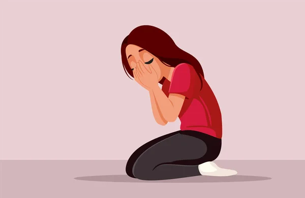 Traurig Depressiv Unhappy Teen Girl Weinen Alleine Vektorillustration — Stockvektor