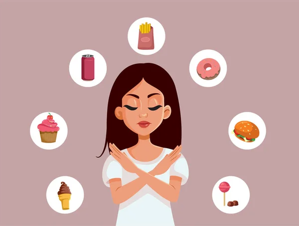 Perempuan Menolak Makanan Yang Tidak Sehat Diet Vektor Kartun Vektor - Stok Vektor