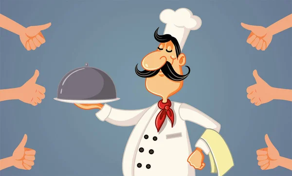 Happy Chef Holding Platter Receiving Appreciation Vector Cartoon Illustration — Stock Vector