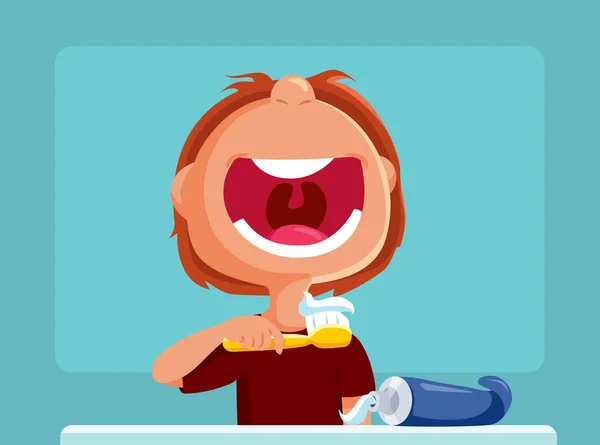 Happy Boy Escovando Dentes Vetor Desenho Animado Ilustração Criança Cuidando —  Vetores de Stock