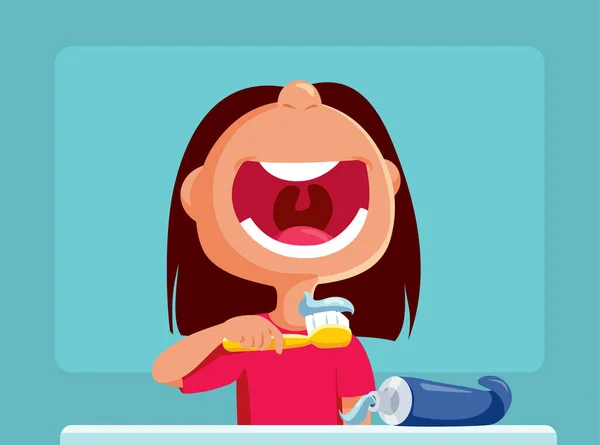 Happy Girl Brushing Teeth Vector Cartoon Drawing Illustration - Stok Vektor