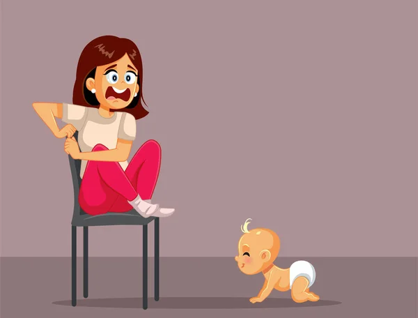 Cansado Mãe Tentando Esconder Seu Bebê Vector Cartoon —  Vetores de Stock