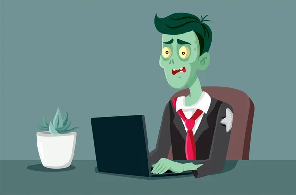 Zombie Office Worker Digitando Cartone Animato Vettoriale Del Computer — Vettoriale Stock