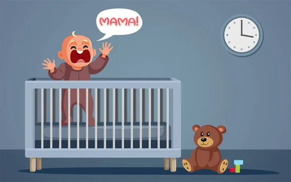 Baby Crib Screaming Mom Vector Cartoon Illustration - Stok Vektor