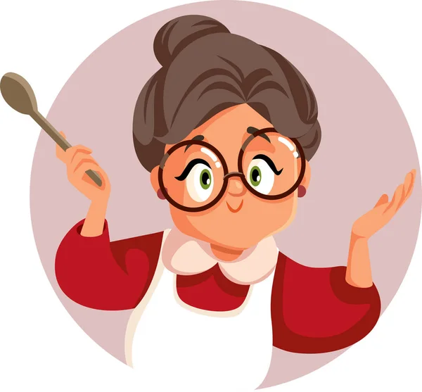 Granny Holding Cuchara Madera Lista Para Cocinar Vector Mascota — Archivo Imágenes Vectoriales