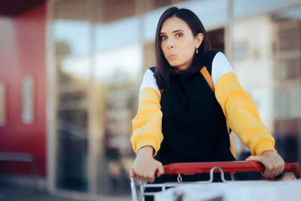 Happy Cheerful Supermarket Customer Pushing Trolley Joyful Millennial Girl Enjoying — Stockfoto