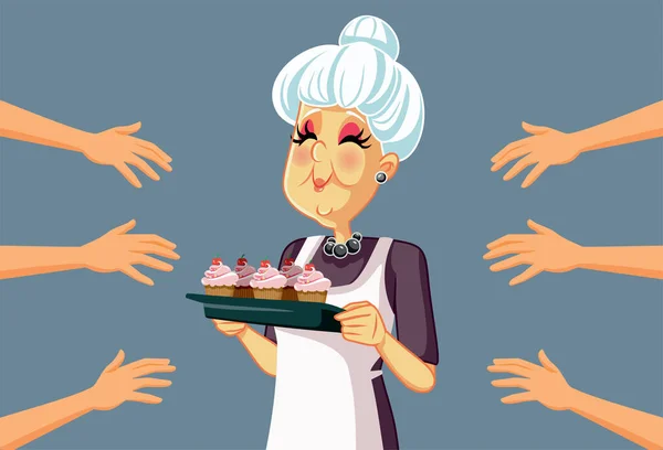 Happy Granny Sharing Muffin Her Family Vector Cartoon Illustration - Stok Vektor