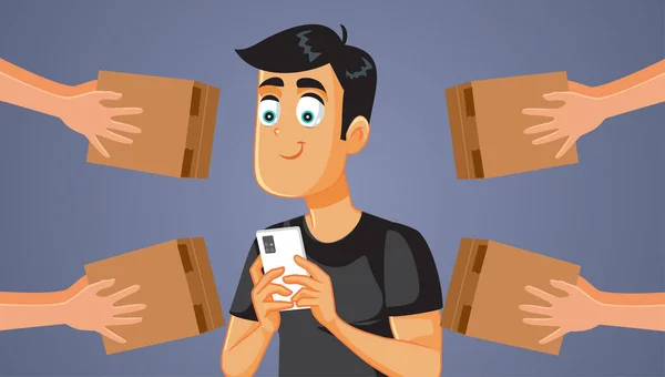 Man Holding Smartphone Avere Suoi Ordini Consegnati Vector Cartoon — Vettoriale Stock
