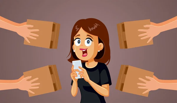 Woman Holding Smartphone Having Her Orders Delivered Vector Cartoon — Stock vektor