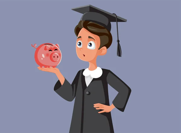 Puzzled Student Het Houden Van Een Piggy Bank Vector Cartoon — Stockvector