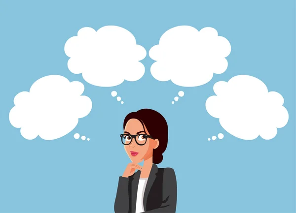 Troubled Businesswoman Having Many Thoughts Vector Cartoon Illustration — Vetor de Stock