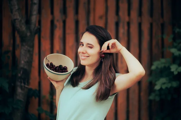 Happy Woman Holding Sour Cherries Earrings Summer Portrait — Stok Foto