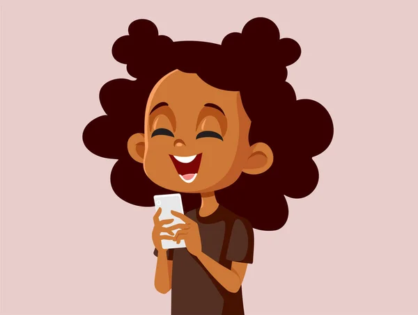 Gadis Kecil Tertawa Memegang Smartphone Nya Vector Kartun Ilustrasi - Stok Vektor