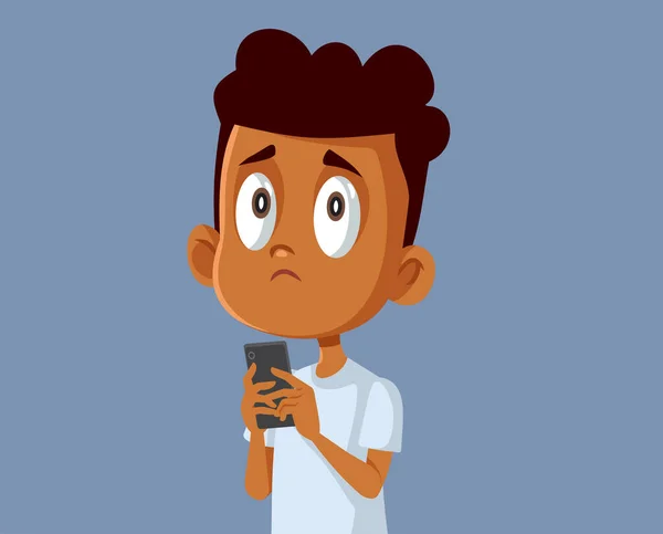 Smutny Mały Chłopiec Trzymając Smartphone Wektor Ilustracji Kreskówki — Wektor stockowy