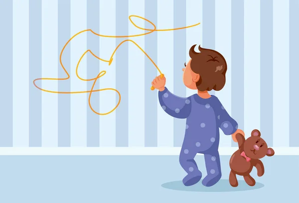 Funny Toddler Child Writing Walls Vector Cartoon Illustration — Vettoriale Stock