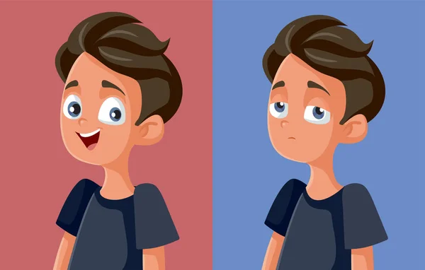 Teen Boy Feeling Happy Sad Vector Cartoon Concept Illustration — 스톡 벡터