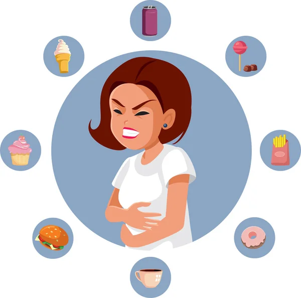 Woman Eating Fast Food Feeling Constipated Vector Illustration —  Vetores de Stock