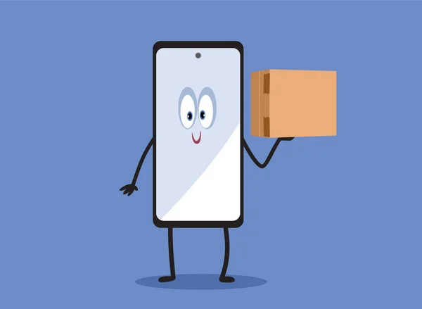 Smiling Cartoon Smartphone Mascot Holding Internet Order Delivery — Stockvektor