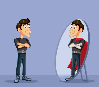Man Looking in the Mirror Seeing a Superhero Vector Cartoon
