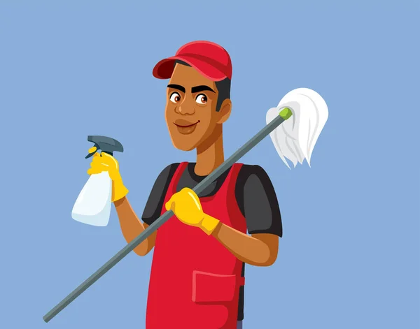 Cleaning Person Holding Mop Detergent Bottle Vector Illustration — ストックベクタ