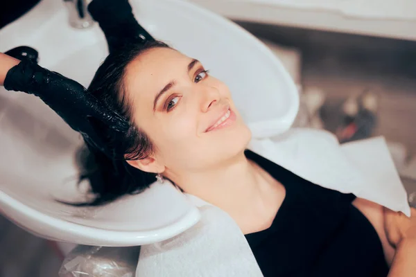 Happy Woman Having Her Hair Washed Beauty Salon — Stock Fotó