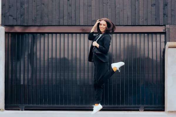 Beautiful Businesswoman Wearing White Snickers Jumping Joy — Stockfoto