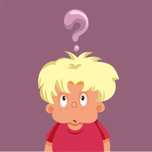 Puzzled Confused Little Kid Having Big Question Vector Cartoon Illustration — стоковый вектор