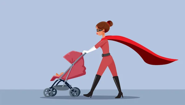 Superhero Mom Pushing Baby Stroller Vector Cartoon Illustration — Stockový vektor