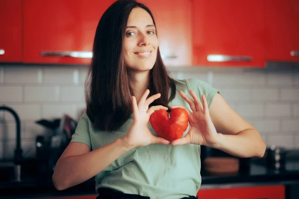 Happy Woman Holding Heart Shaped Tomato Kitchen — Fotografia de Stock