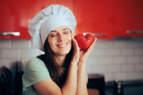 Cheerful Chef Holding Heart Shaped Tomato Kitchen — стоковое фото