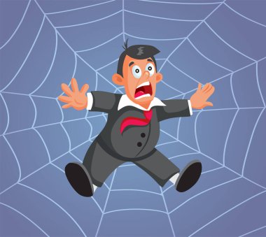 Stressed Businessman Caught in a Spider Web Vector Cartoon Illustration