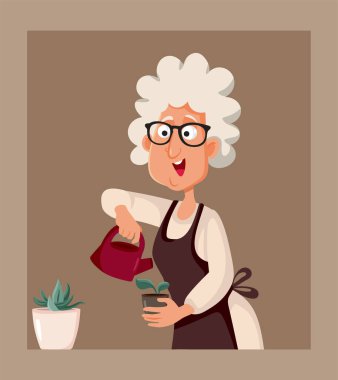 Senior Woman Watering Plants Vector Cartoon Illustration