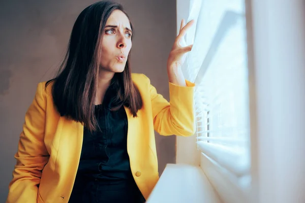 Funny Curious Businesswoman Spying Window — Stok fotoğraf
