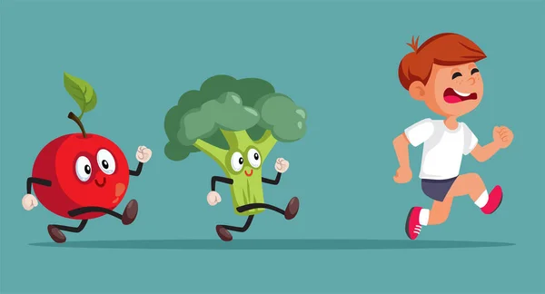 Funny Child Running Away Healthy Vegetables Fruits Vector Cartoon — Stock Vector