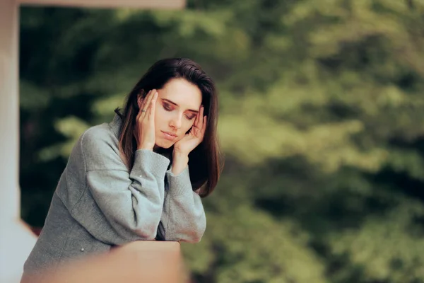 Woman Suffering Migraine Standing Balcony — 图库照片