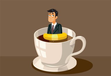 Tired Businessman Wearing a Lifebuoy Swimming in Coffee Vector Cartoon