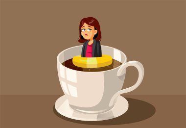 Exhausted Businesswoman Wearing a Lifebuoy Floating in Coffee Vector Cartoon