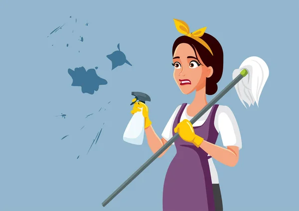 Stressed Housekeeper Trying Clean Dirt Stains Vector Cartoon — Stock Vector