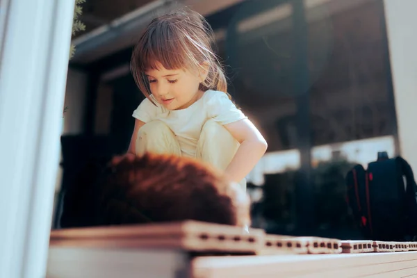 Happy Little Girl Sitting Porch Playing Her Cat — Photo